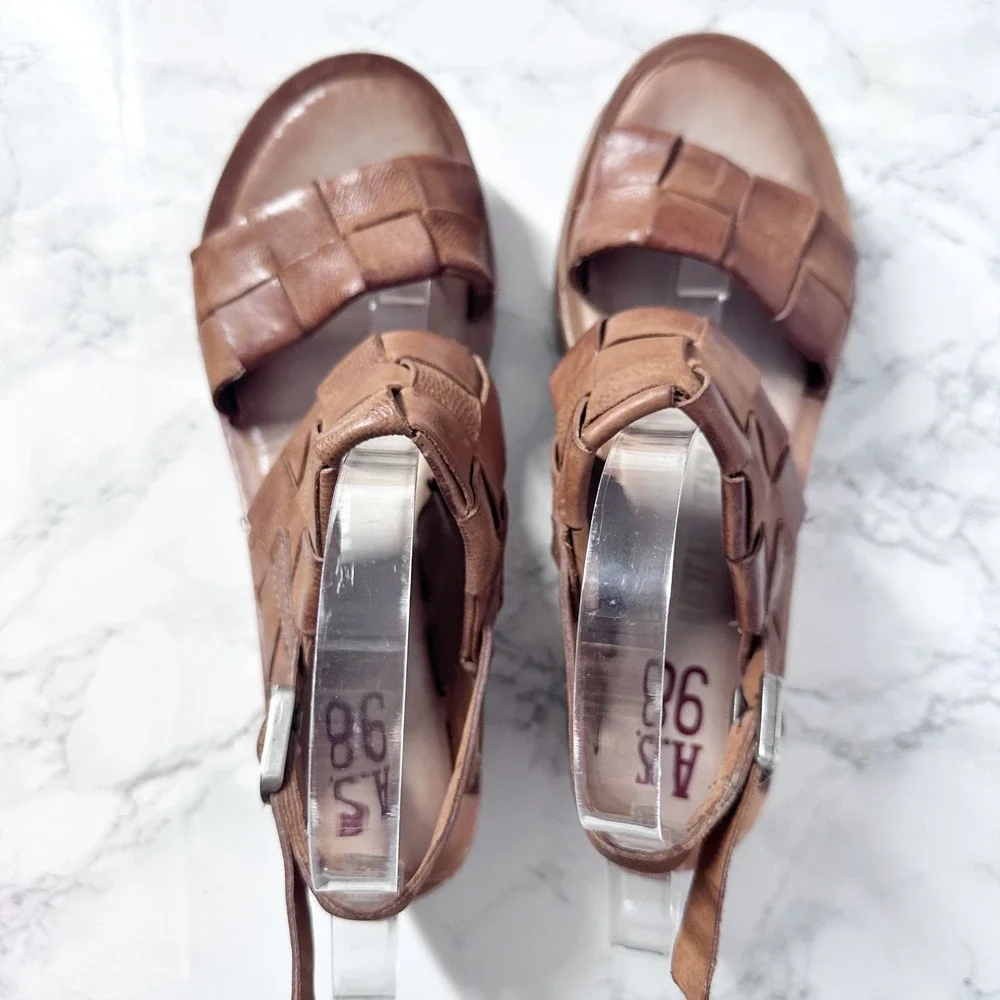 A.S. 98 Nasser Woven Tan Brown Leather Platform Wedge Sandals Women's Size 40